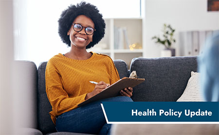 A person sitting on a couch writing on a clipboard with the text “Health Policy Update” overlaid at the bottom.